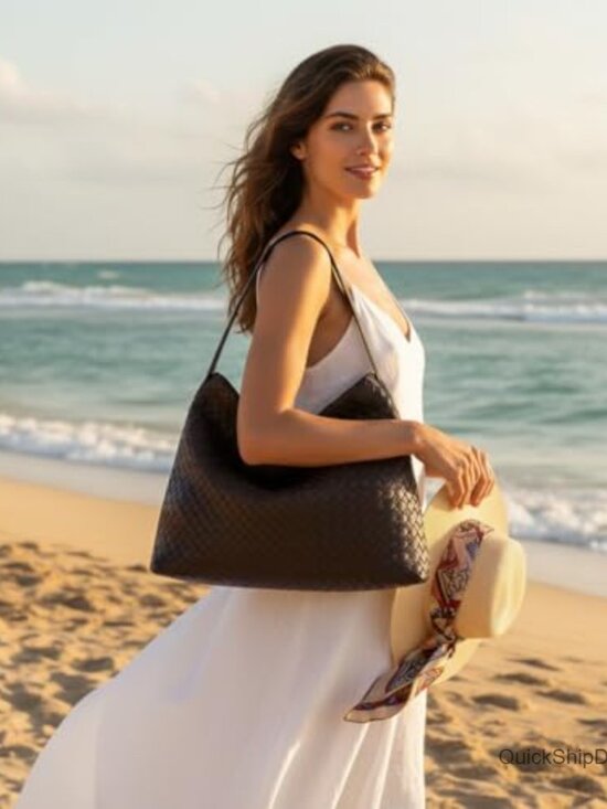 Vegan Leather Woven Tote Bag with Adjustable Strap and Pockets - Picture 2 of 7